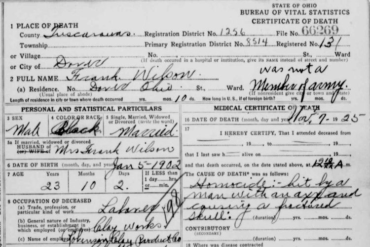 Detail from Frank Wilson's death certificate, November 1925. (Source: familysearch.org)