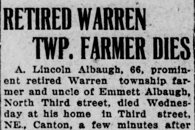 New Philadelphia, Ohio newspaper article reporting on the death of Lincoln Albaugh, December 1925. (Source: newspapers.com)
