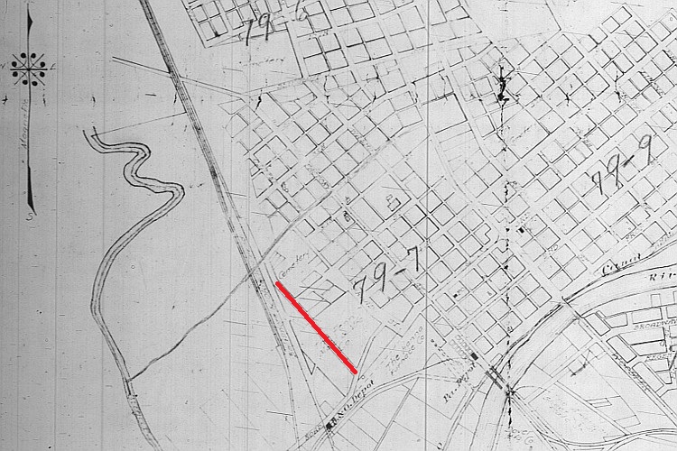 1930 US Census Enumeration Map of Dover, Ohio with Depot Street highlighted in red. (Source: familysearch.org)