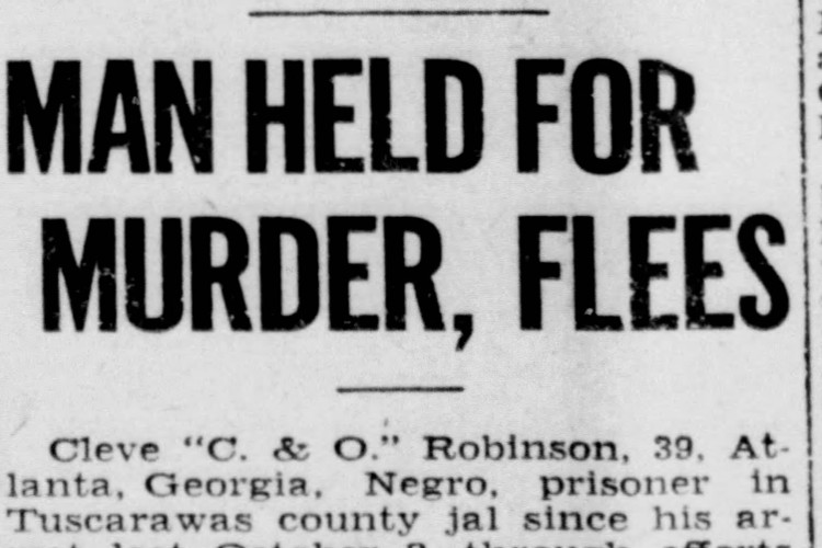 New Philadelphia, Ohio newspaper headline reporting on Cleve Robinson's escape from the Tuscarawas County Jail, December 1932. (Source: newspapers.com)