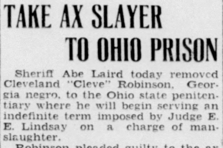New Philadelphia, Ohio newspaper article reporting on Cleve Robinson's transfer to the Ohio Penitentiary, January 1933. (Source: newspapers.com)