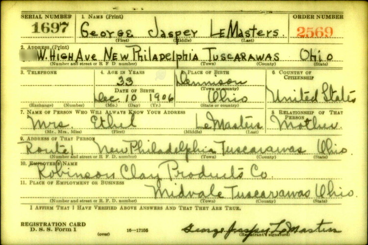 George Jasper LeMasters World War Two draft registration card, October 1940. (Source: familysearch.org)