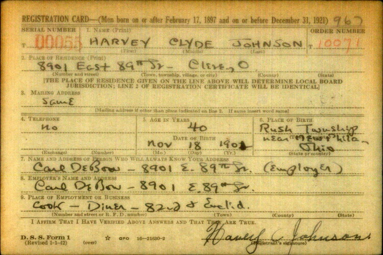 Harvey Johnson's World War Two draft registration card (front), 1942. (Source: ancestry.com)