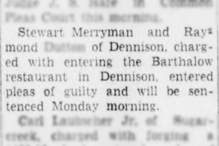 Stewart Merryman's arrest and conviction for breaking and entering mentioned in a newspaper article, April 1950. (Source: newspapers.com)