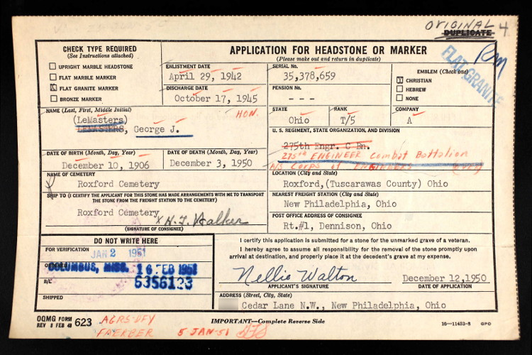 George J. LeMasters's headstone application, January 1951. (Source: ancestry.com)