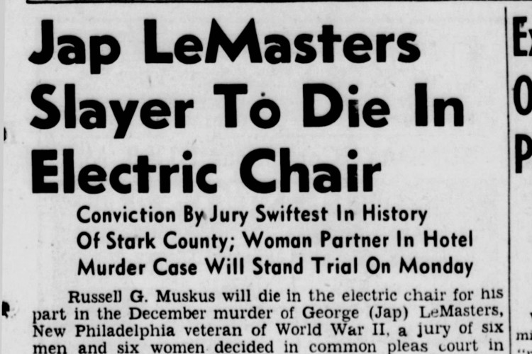 New Philadelphia, Ohio newspaper headline on the sentencing of Muskus to death, July 1951. (Source: newspapers.com)