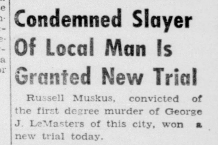 New Philadelphia, Ohio newspaper headline on Muskus being granted a new trial, November 1952. (Source: newspapers.com)