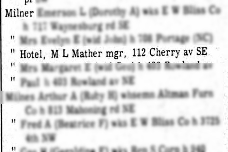 Canton, Ohio city directory listing for the Milner Hotel on Cherry Avenue SE, 1952. (Source: ancestry.com)
