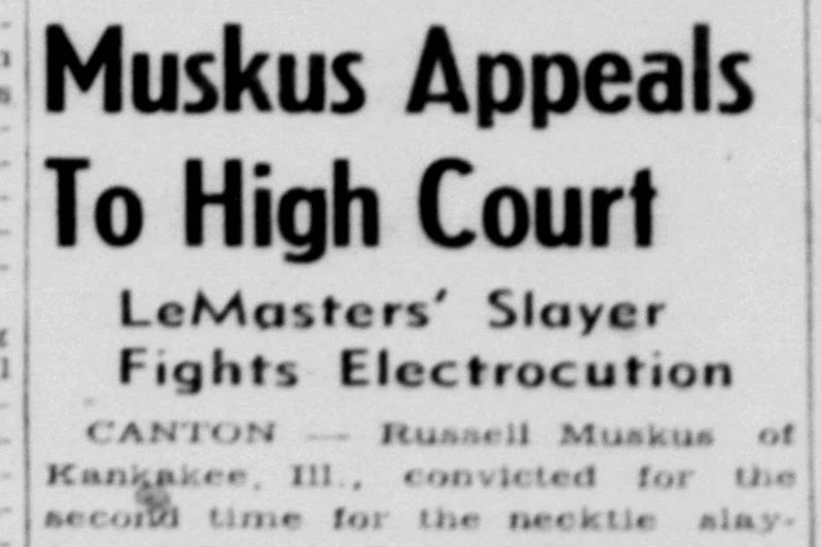 New Philadelphia, Ohio newspaper headline on Muskus appeal of his second conviction, July 1953. (Source: newspapers.com)