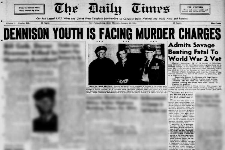 The New Philadelphia, Ohio newspaper front page headline on the killing of Harvey Johnson by Stewart Merryman, January 1954. (Source: newspapers.com)