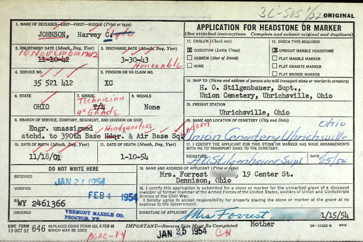 Harvey Johnson's application for a military headstone submitted by his mother, January 1954. (Source: ancestry.com)