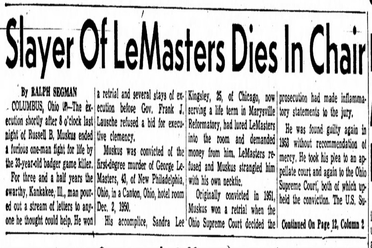New Philadelphia, Ohio newspaper article on Muskus's execution, July 1954. (Source: newspapers.com)