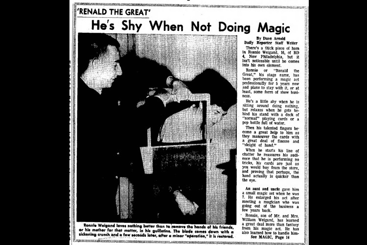 New Philadelphia, Ohio newspaper article on Ronald Weigand's magic act that appeared just two months before his death, May 1965. (Source: newspapers.com)