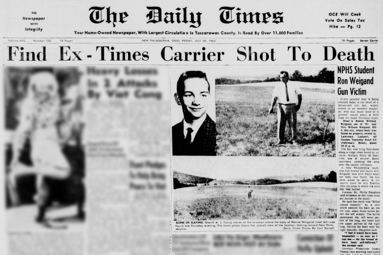 New Philadelphia, Ohio newspaper reporting on the killing of Ronald Weigand, July 1965. (Source: newspapers.com)