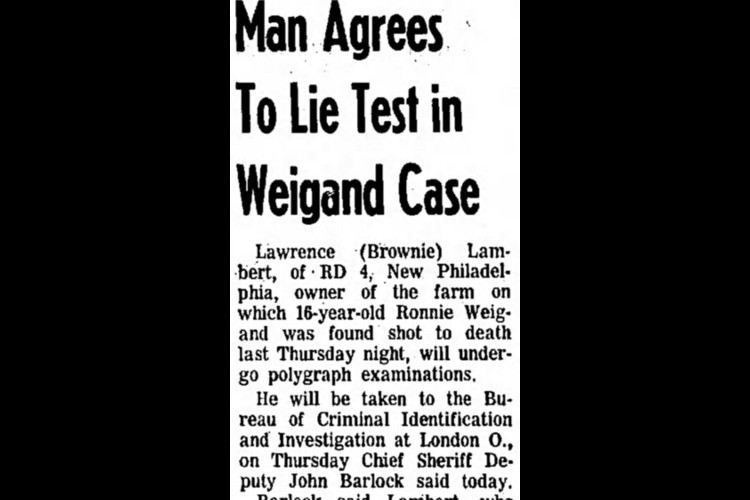 New Philadelphia, Ohio newspaper article on investigation into Ronald Weigand's killing, August 1965. (Source: newspapers.com)