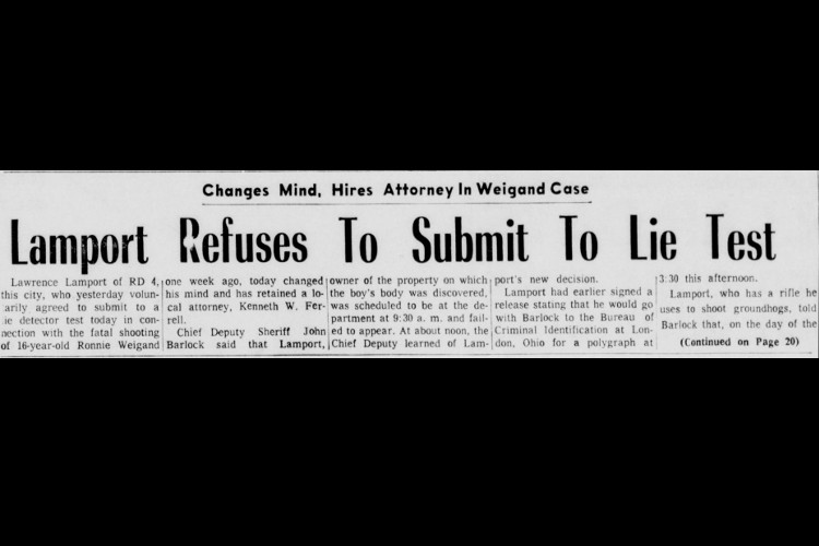 New Philadelphia, Ohio newspaper article on investigation into Ronald Weigand's killing, August 1965. (Source: newspapers.com)