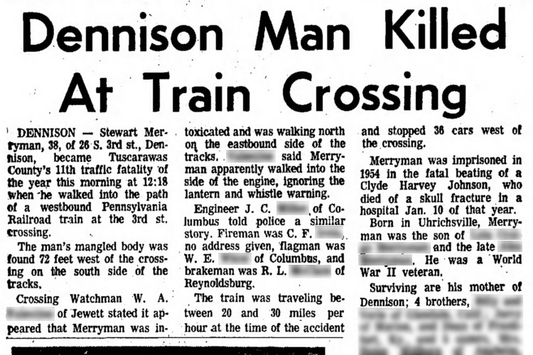 Dover, Ohio newspaper article on the death of Stewart Merryman, July 1966. (Source: newspapers.com)