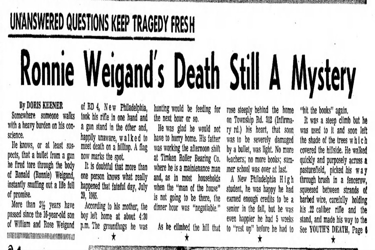 New Philadelphia, Ohio newspaper article on investigation into Ronald Weigand's killing, March 1968. (Source: newspapers.com)