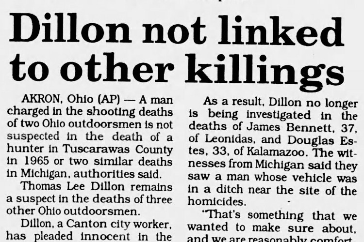 Bryan, Ohio newspaper article on the determination that serial killer Thomas Lee Dillon was not responsible for Ronald Weigand's killing, February 1993. (Source: newspapers.com)