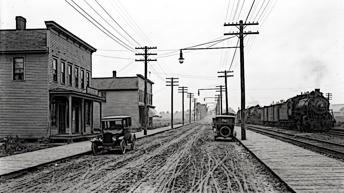 Fictionalized ai generated image depicting Depot Street in Dover, Ohio in 1925. (Source: Google Flow)