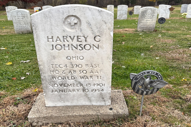 Harvey Johnson's headstone in Union Cemetery, Uhrichsville, Ohio, 2025. (Source: findagrave.com)