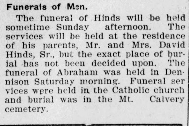 New Philadelphia, Ohio newspaper mention of the funerals of Hinds and Abraham, December 1909. (Source: newspapers.com)