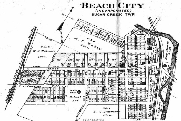 Map of Beach City, Ohio from the 1986 Stark County Atlas. (Source: ancestry.com)