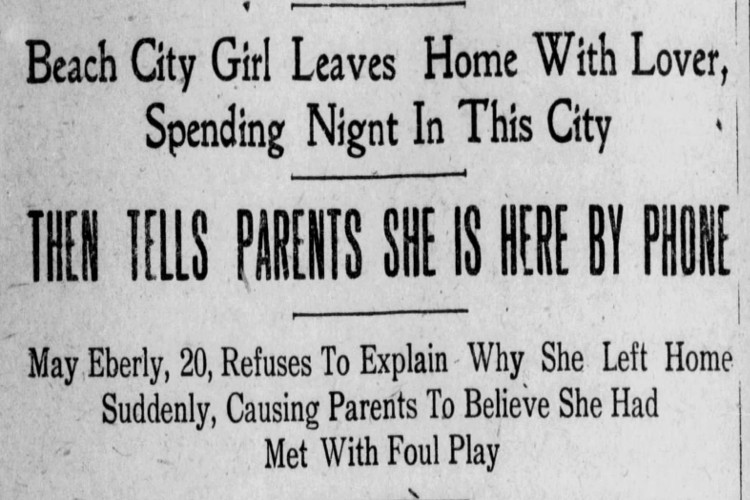 New Philadelphia, Ohio newspaper headlines for a story on the Mae Eberly case, January 1911. (Source: newspapers.com)