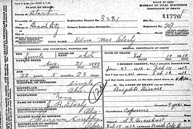 Edna Mae Eberly's death certificate, February 1912. (Source: familysearch.org)