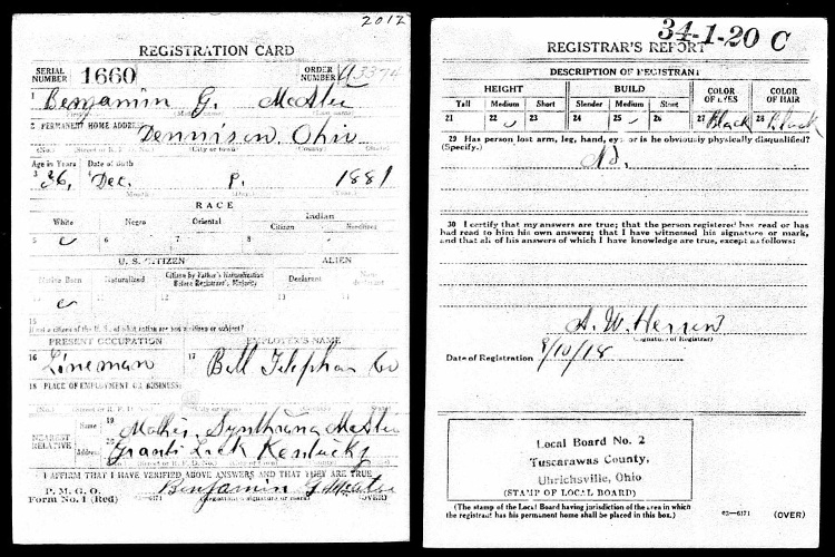 Benjamin McAtee's World War One draft registration card, August 1918. (Source: familysearch.org)
