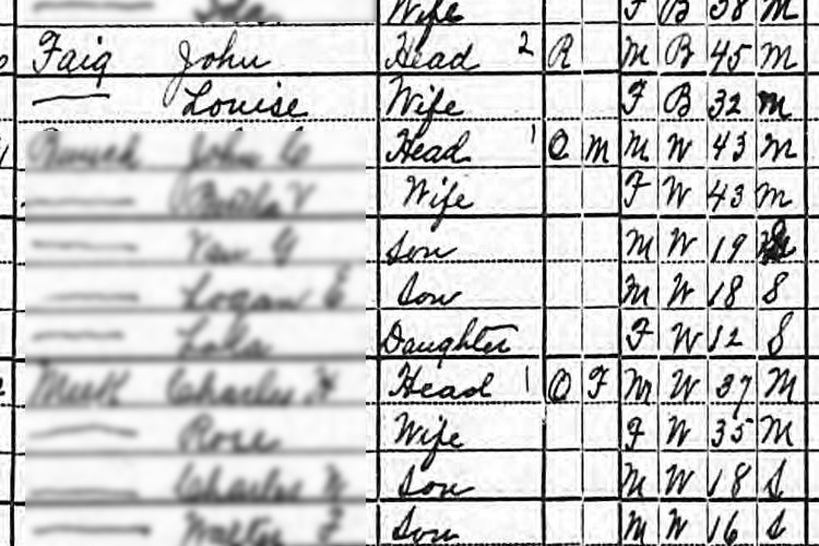 Louise Faig and her husband recorded on the 1920 census for Uhrichsville, Ohio. (Source: familysearch.org)