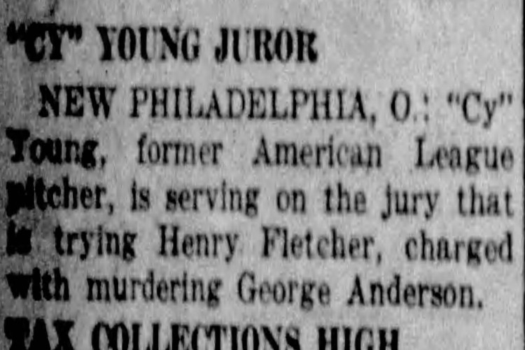 Cleveland, Ohio newspaper reference to "Cy" Young serving as a juror in the murder trial of Henry Fletcher, December 1921. (Source: newspapers.com)