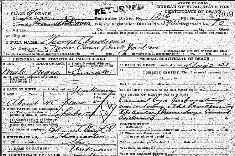 Detail from George Andrews' death certificate, August 1921. (Source: familysearch.org)