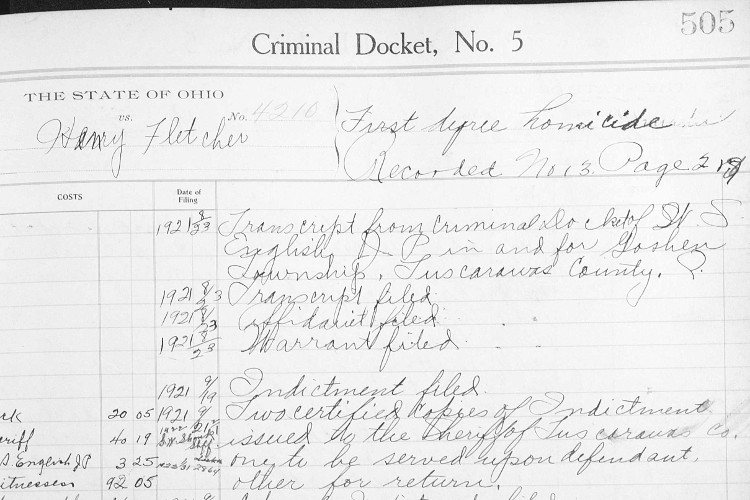 Detail from the Tuscarawas County criminal court docket for the case of State of Ohio vs. Henry Fletcher, 1921. (Source: familysearch.org)