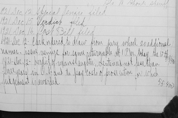 Detail from the Tuscarawas County criminal court docket noting Henry Fletcher's verdict of manslaughter, December 1921. (Source: familysearch.org)