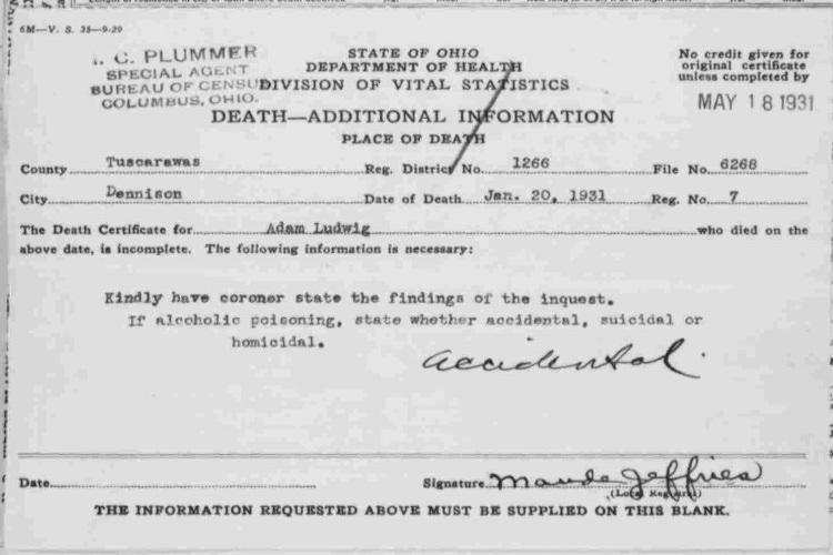 Addendum to Adam Ludwig's death certificate recording his death as accidental, January 1931. (Source: familysearch.org)