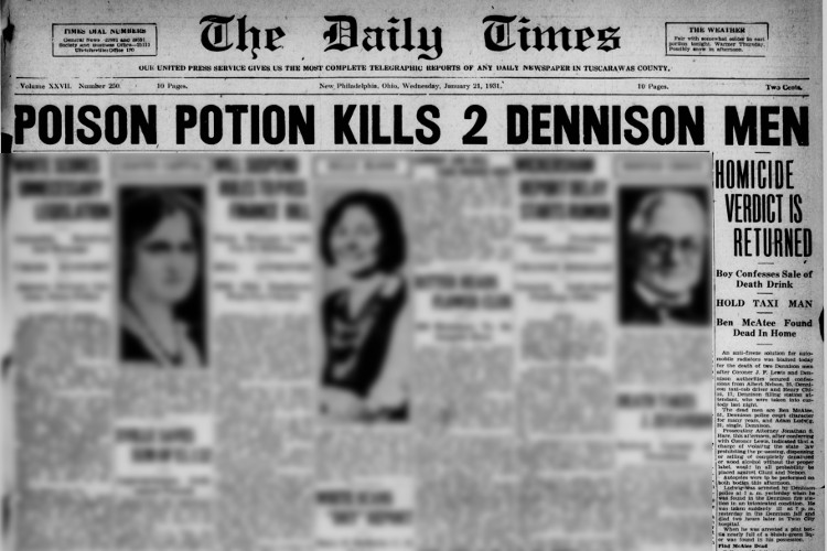 New Philadelphia, Ohio newspaper headline and story on the deaths of McAtee and Ludwig, January 1931. (Source: newspapers.com)