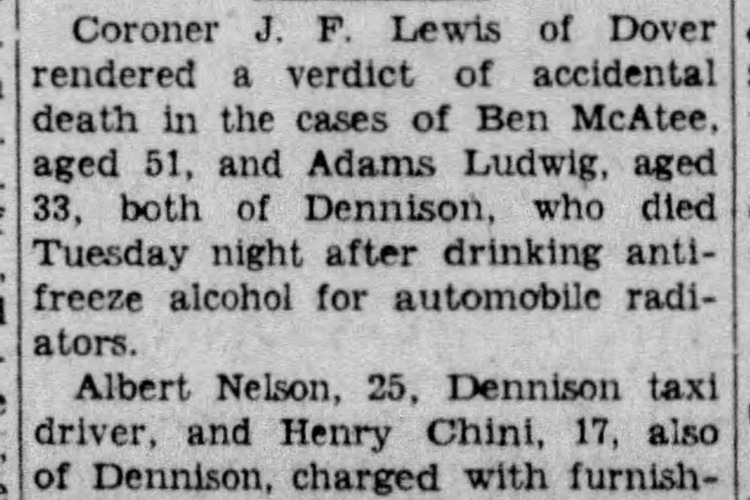 Coshocton, Ohio newspaper story on the verdict of accidental death in the McAtee and Ludwig deaths, January 1931. (Source: newspapers.com)