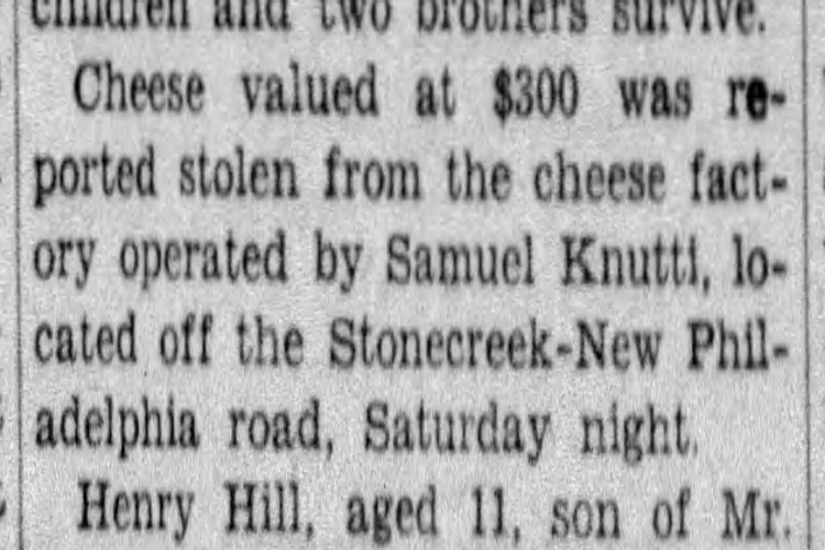 Coshocton, Ohio newspaper article mentioning the theft of Samuel Knutti's cheese, November 1931. (Source: newspapers.com)