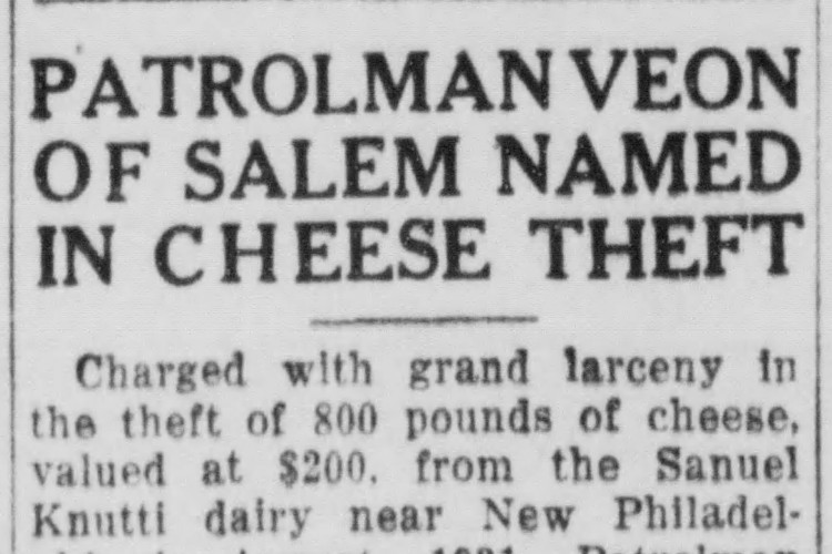 Salem, Ohio newspaper article on Homer Veon's arrest, January 1935. (Source: newspapers.com)