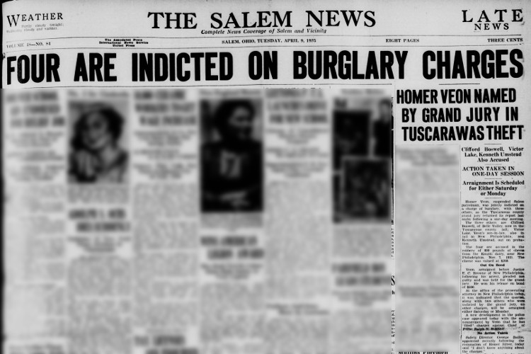 Salem, Ohio newspaper article on the indictments of the men charged with heist, April 1935. (Source: newspapers.com)