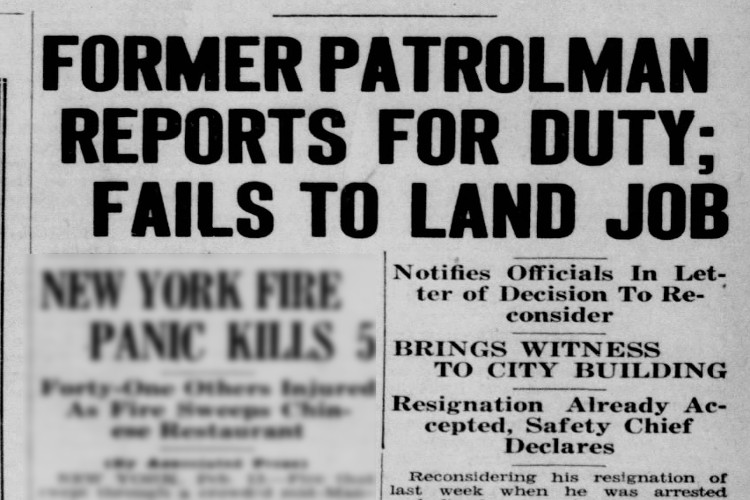 Salem, Ohio newspaper article on Homer Veon's attempt to get back his patrolman job, February 1936. (Source: newspapers.com)