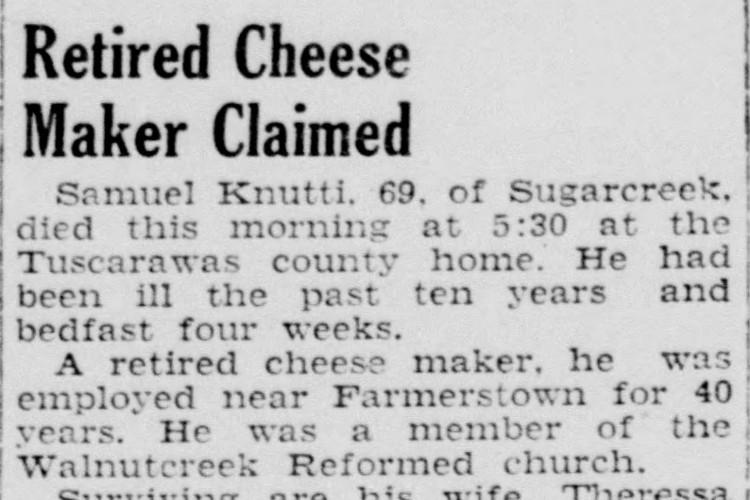New Philadelphia, Ohio newspaper obituary for Samuel Knutti, September 1943. (Source: newspapers.com)
