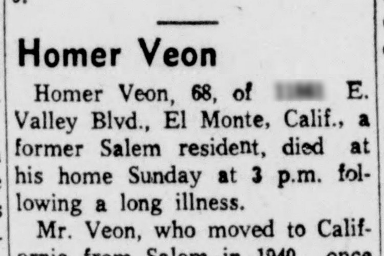 Salem, Ohio newspaper obituary for Homer Veon, May 1963. (Source: newspapers.com)