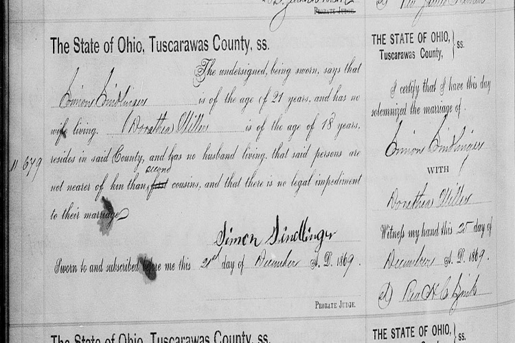 Marriage of Simon Sindlinger, Jr. and Dorothea Martin recorded in the Tuscarawas County records, December 1869. (Source: familysearch.org)