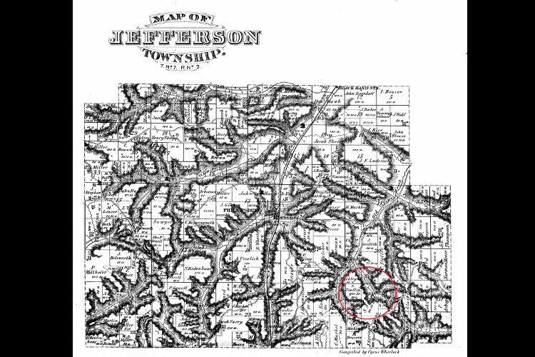 The Sindlinger land (circled in red) in Jefferson Township, Tuscarawas County shown on the 1875 Atlas of Tuscarawas County. (Source: ancestry.com)