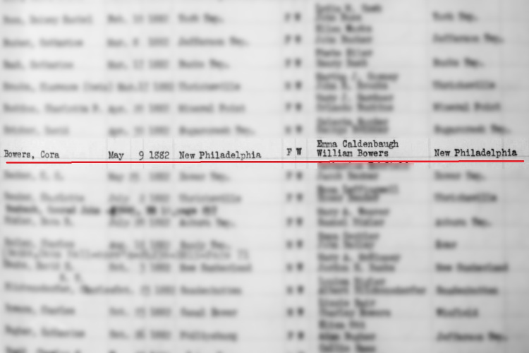 Cora Bowers' birth recorded in the Tuscarawas County records, June 1882. (Source: familysearch.org)