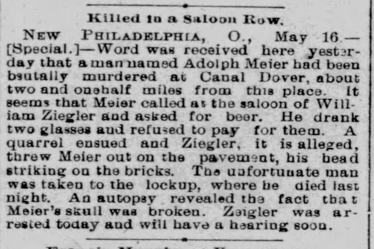 Cleveland, Ohio newspaper article on the killing of Adolph Meyer, May 1886. (Source: newspapers.com)