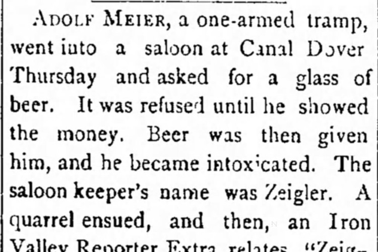 Coshocton, Ohio newspaper article on the killing of Adolph Meyer, May 1886. (Source: newspapers.com)