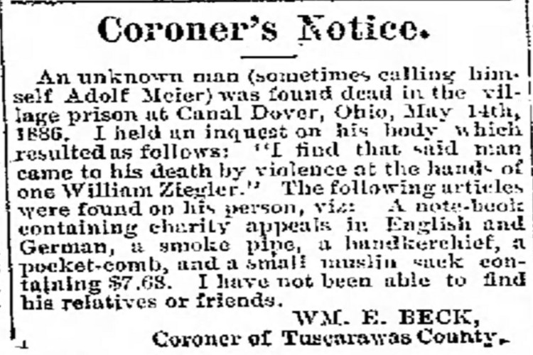 New Philadelphia, Ohio newspaper announcement from the Tuscarawas County Coroner, May 1886. (Source: newspapers.com)